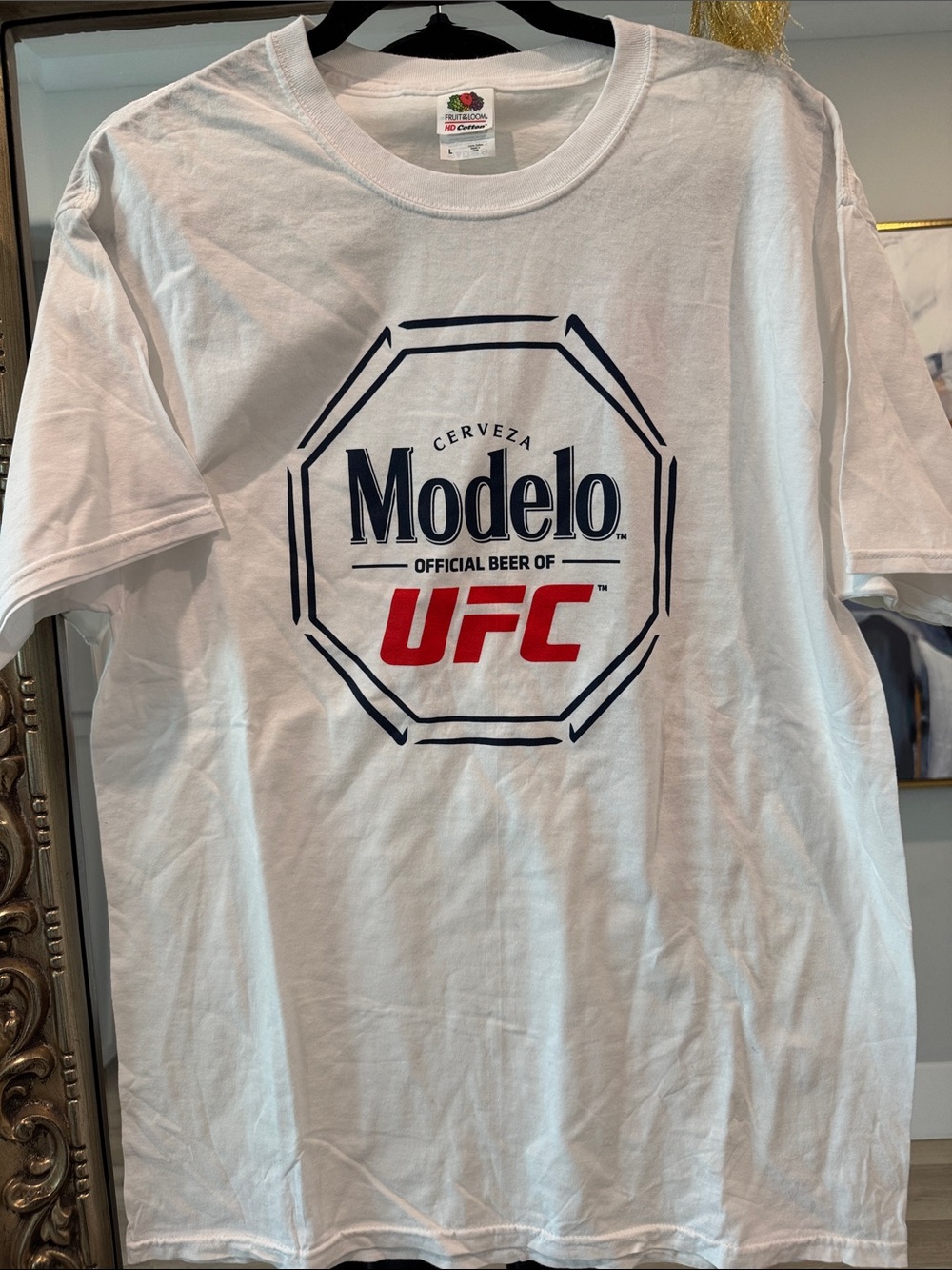 ModelCo White Tee with Navy Logo and Red UFC Accent